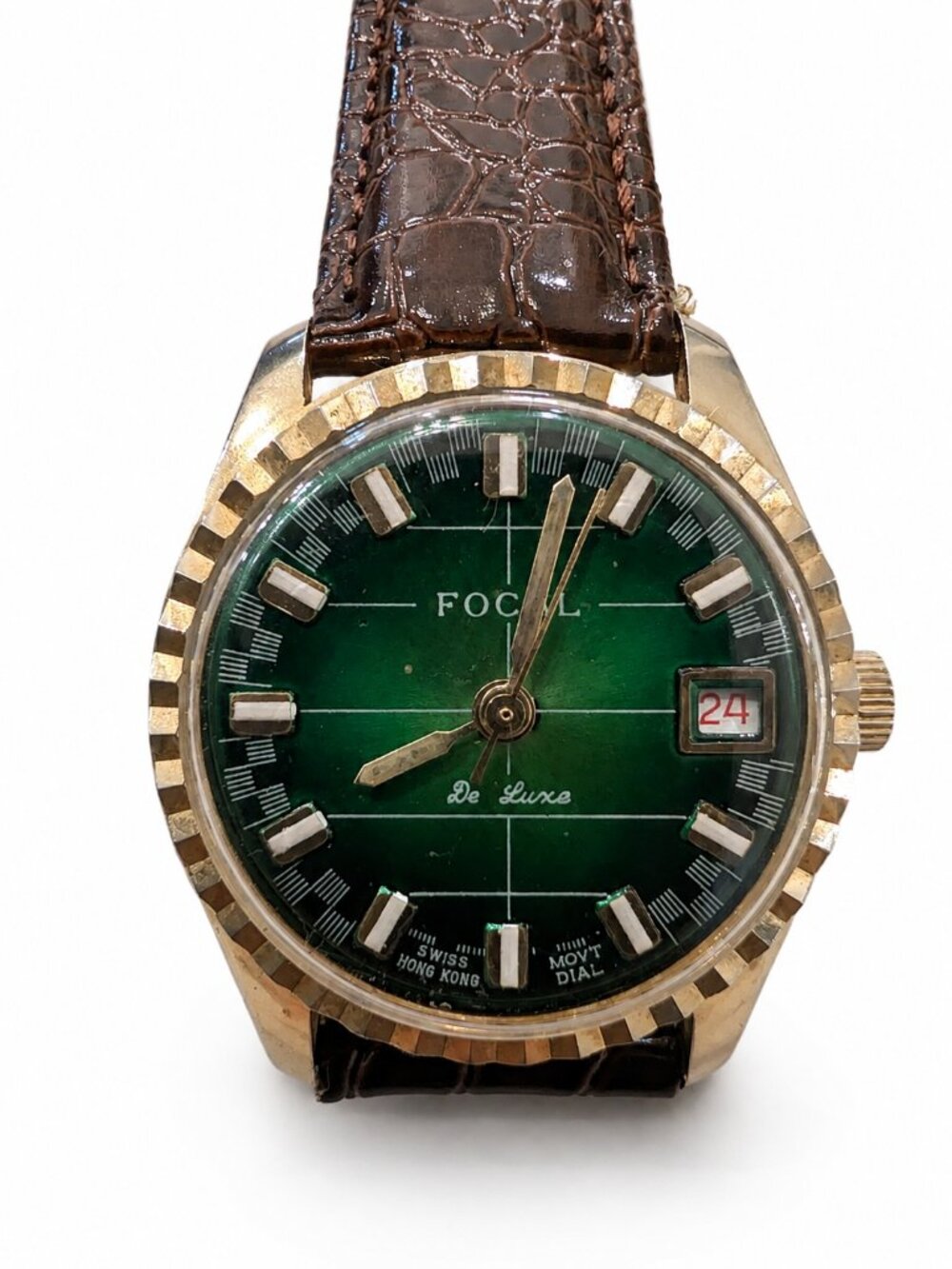 Vintage Focal De Luxe Men’s Watch Green Dial Swiss Manual Wind Date – Serviced